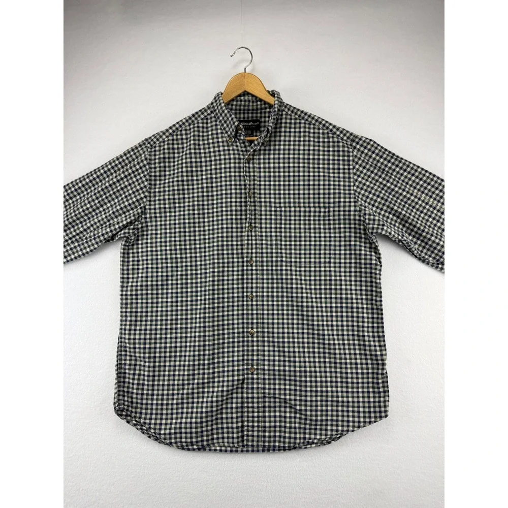 Eddie Bauer Button Down Shirt Mens Large Tall Navy Green Gingham Plaid‎ Cotton